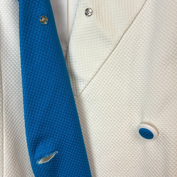 Women’s White & Blue Geometric Power Suit W/Jacket & 2 Skirts - Picture 3 of 16